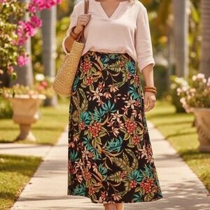 NEW Judith Hart 20W $62 Brown Coral Blue Green Tropical Floral A-Line Maxi Skirt